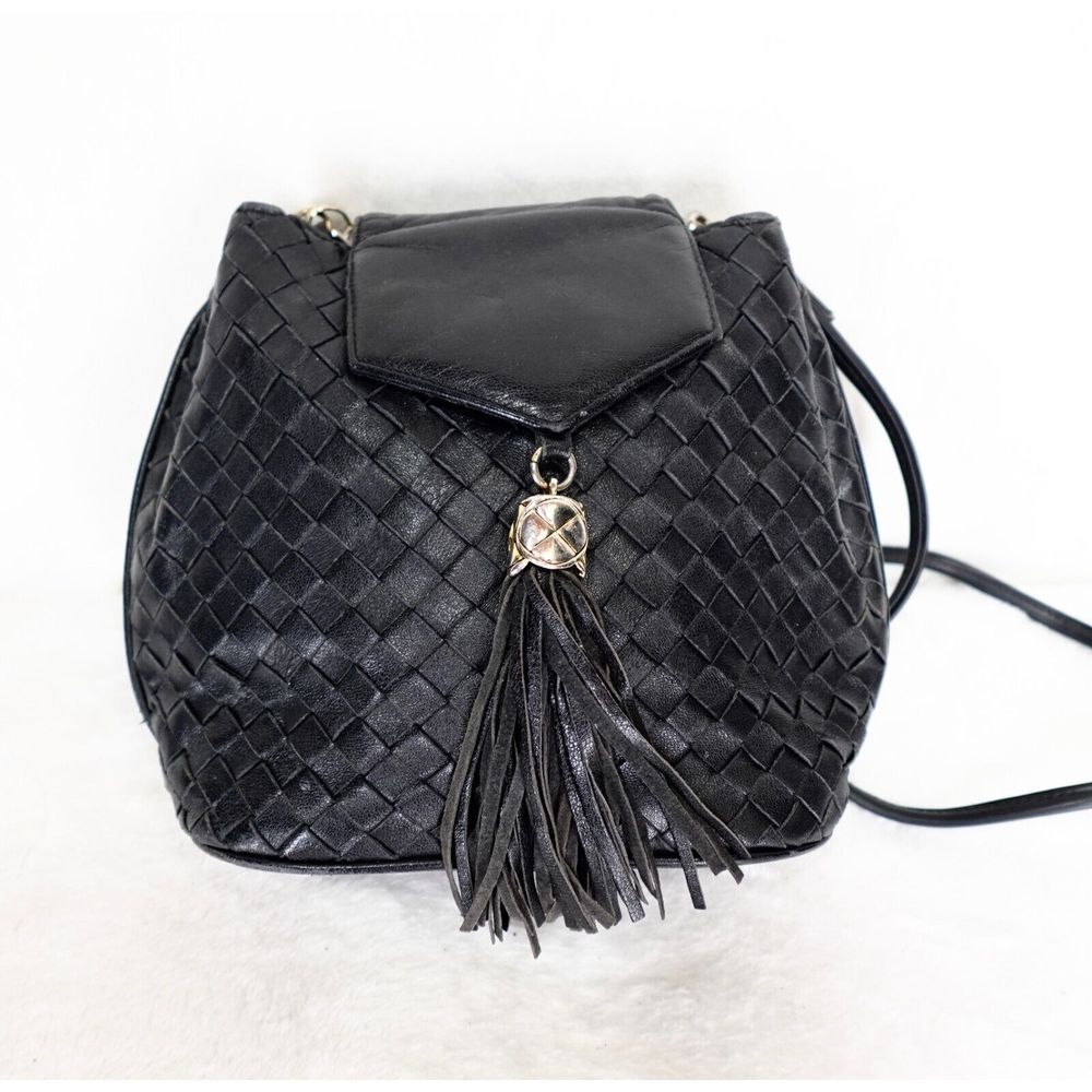 Carla Mancini Shoulder Bag Black Woven Leather‎ Crossbody Clutch Tassel